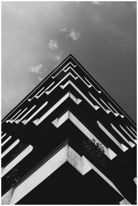 A dramatic low angle black and white photo of a mo