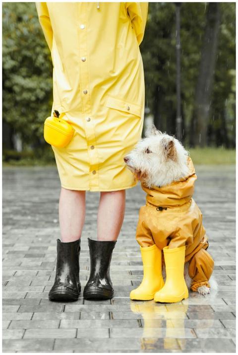 A dog and a person wearing yellow raincoats and bo