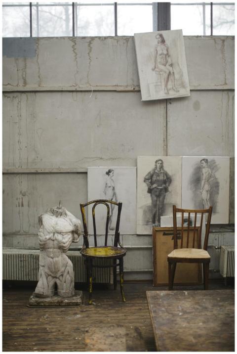 Interior view of an art studio featuring a Greek s