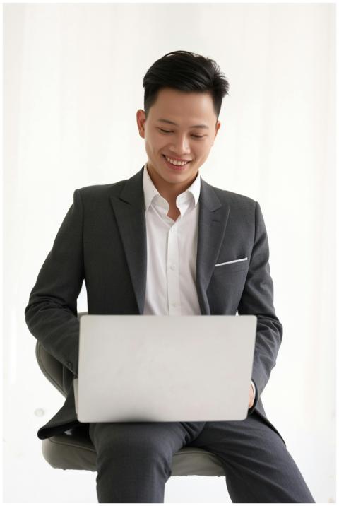 Young man in a suit smiling while using a laptop.
