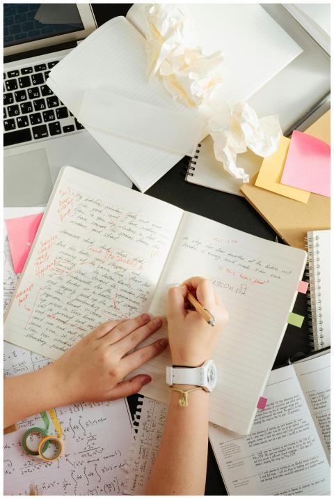 An overhead view of a cluttered desk with notebook