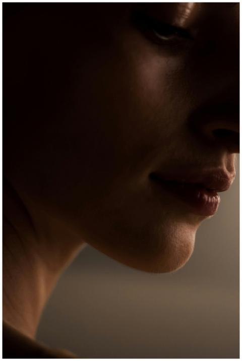 Artistic profile of a woman in shadowed lighting,