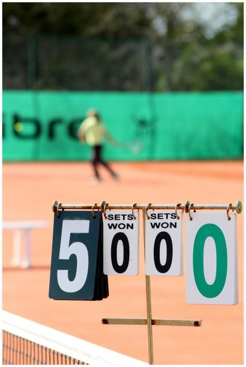 Close-up of tennis scoreboard with blurred player