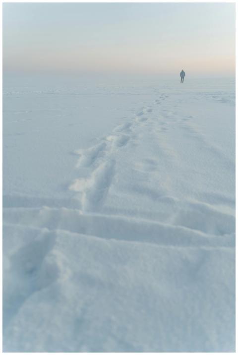 A solitary figure walks across a vast snowy field,