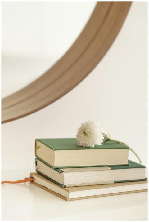 Green books stacked with a white chrysanthemum on