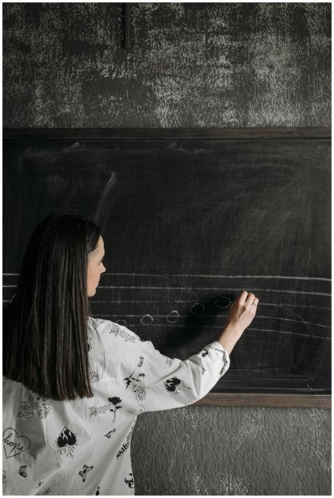 A music teacher writing musical notation on a blac