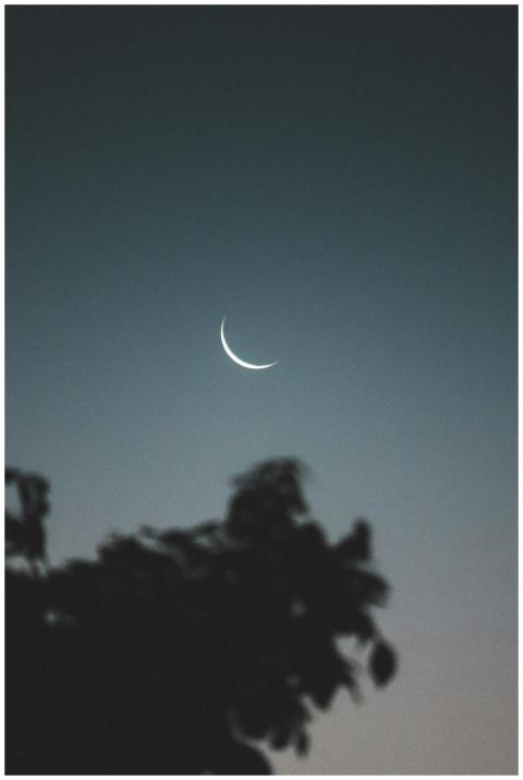 A tranquil night sky featuring a crescent moon ove