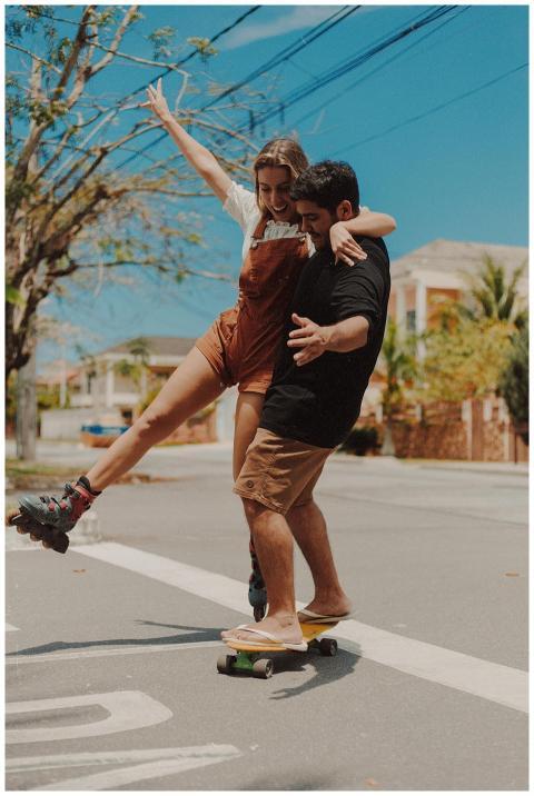 Happy couple experiencing joy and leisure while sk