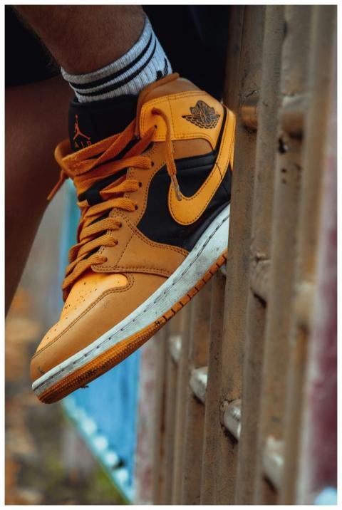 Dynamic close-up of an Air Jordan sneaker perched