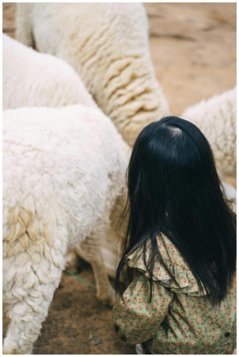 Young girl in floral jacket observing close-knit g
