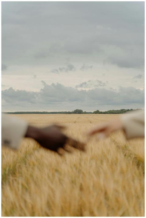 Two hands of different ethnicities reaching toward