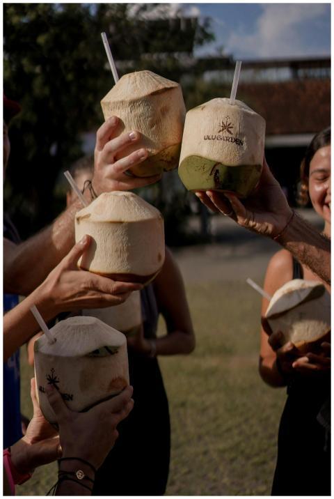 A lively group celebrating with refreshing coconut