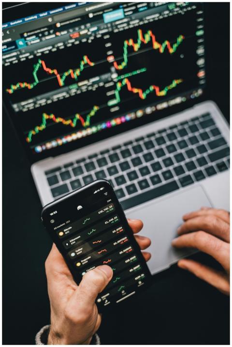 Person analyzing stock market data with a laptop a