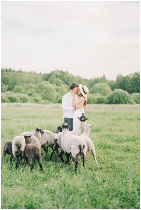 A couple embraces romantically in a green pasture