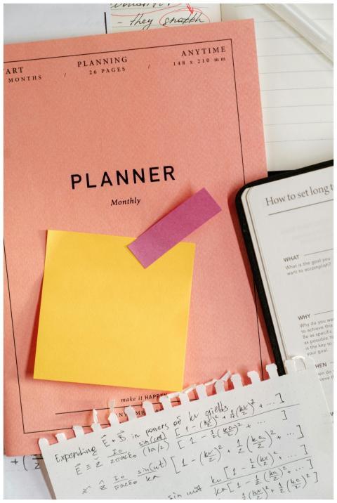 A monthly planner with sticky notes, equations, an