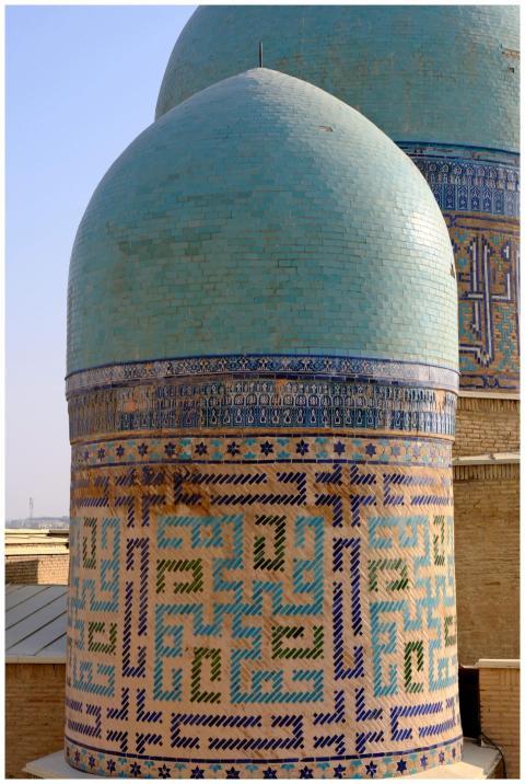Close-up shot of ornate blue domes with intricate