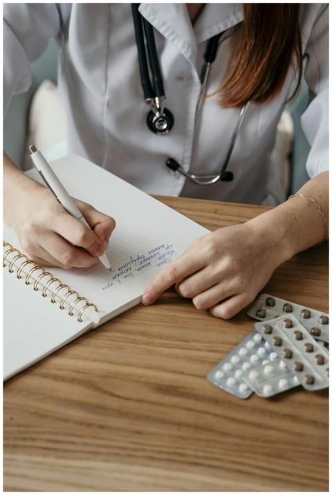 Close-up of a doctor writing a prescription with m