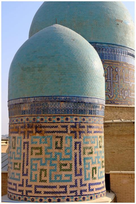 Detailed view of the stunning blue domes in Bukhar