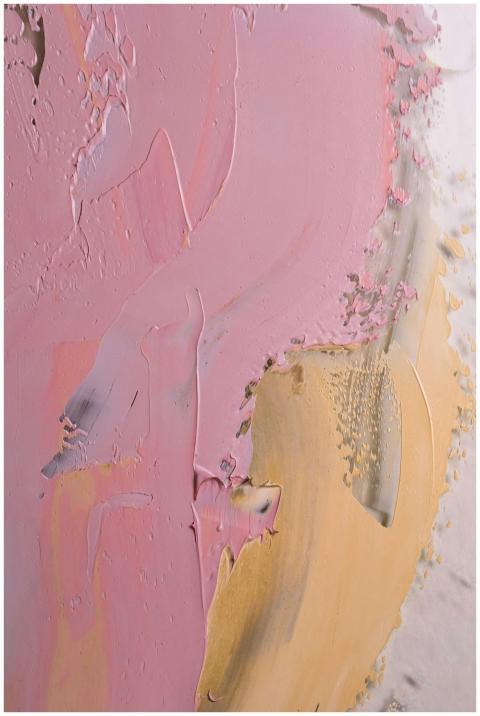 Dynamic abstract painting featuring bold pink and