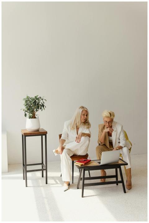 Two senior businesswomen working together on a lap