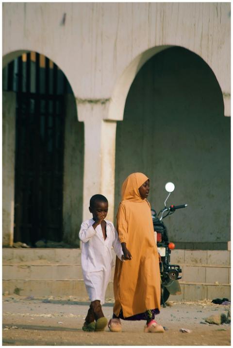Children Walking Traditional Architecture