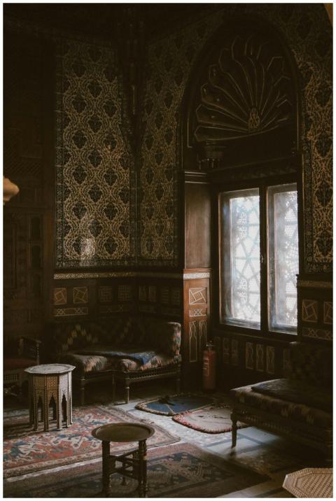 Ornate Egyptian interior with detailed patterns, t