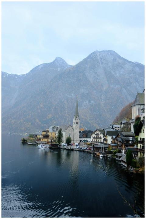 Beautiful view of Hallstatt village with mountains