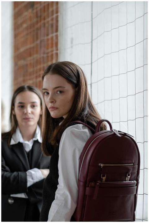 Two teenage girls in school uniforms standing indo