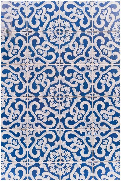Detailed blue and white decorative tile pattern wi