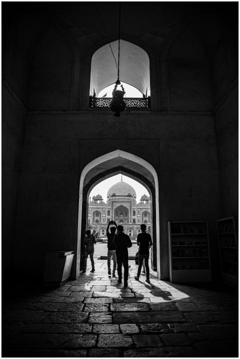 Black and white silhouette of people at Humayun's