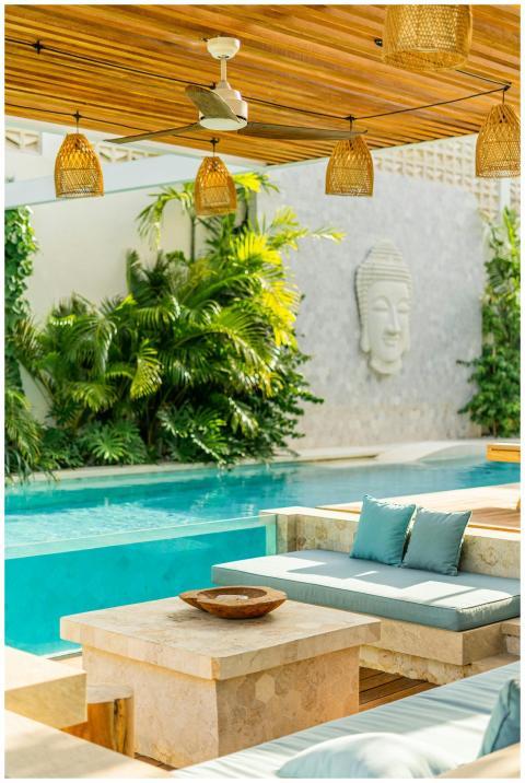 Elegant outdoor pool area featuring tropical plant