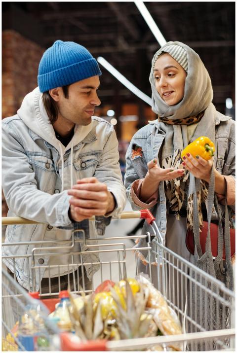 Middle Eastern couple grocery shopping with smiles