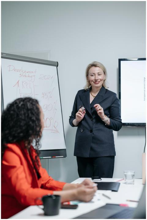 Businesswoman presenting a strategy on a whiteboar