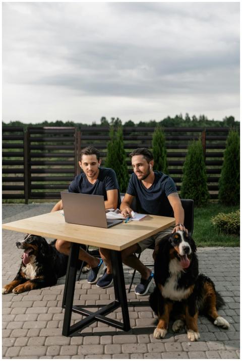 Two smiling brothers using a laptop outdoors, acco