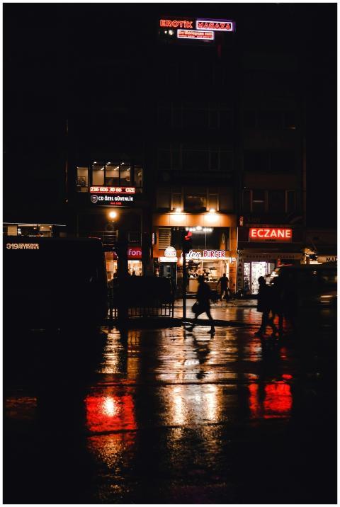 Urban nightlife scene with neon signs and wet refl