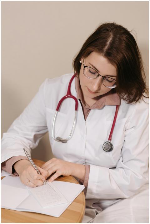 Female doctor writing a prescription in a clinical