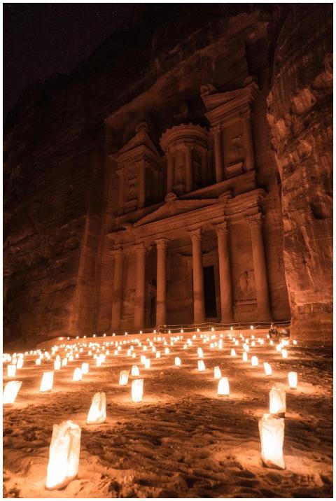 The Petra Treasury in Jordan, beautifully illumina