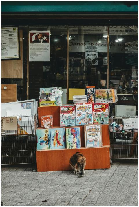 A bookstore display with children's books and a ca