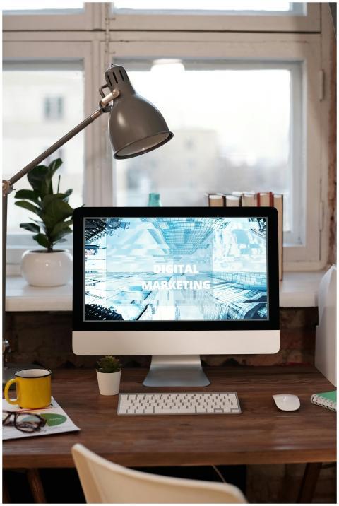 Contemporary home office desk with digital marketi