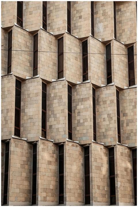 Close-up of a geometric building facade in Yerevan