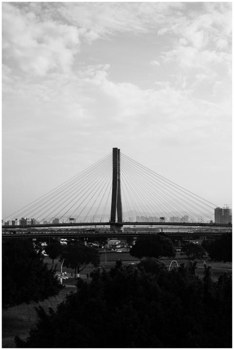 Black and white photo of a cable-stayed bridge wit