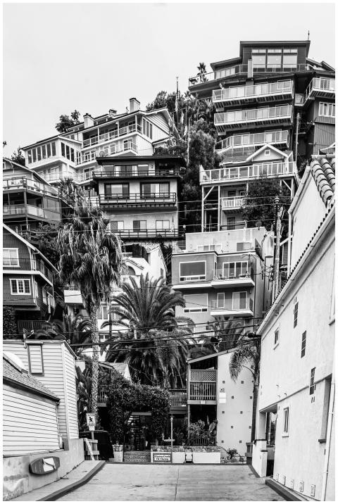 Black and white photo of unique hillside homes, sh
