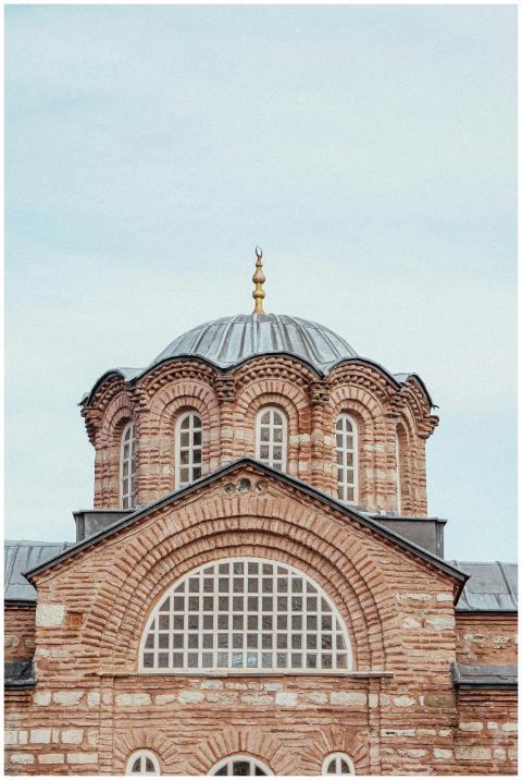 A detailed view of a historical brick mosque with
