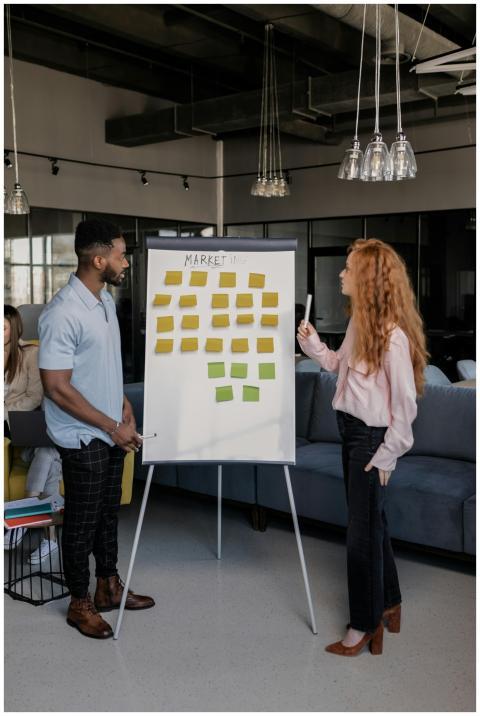 Colleagues collaborating on marketing strategy wit