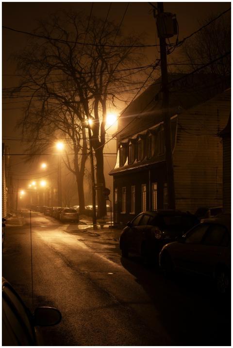 Empty urban street illuminated by warm streetlight
