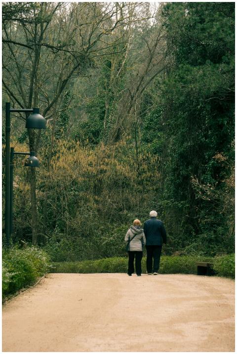 An elderly couple walks through a lush park in İst