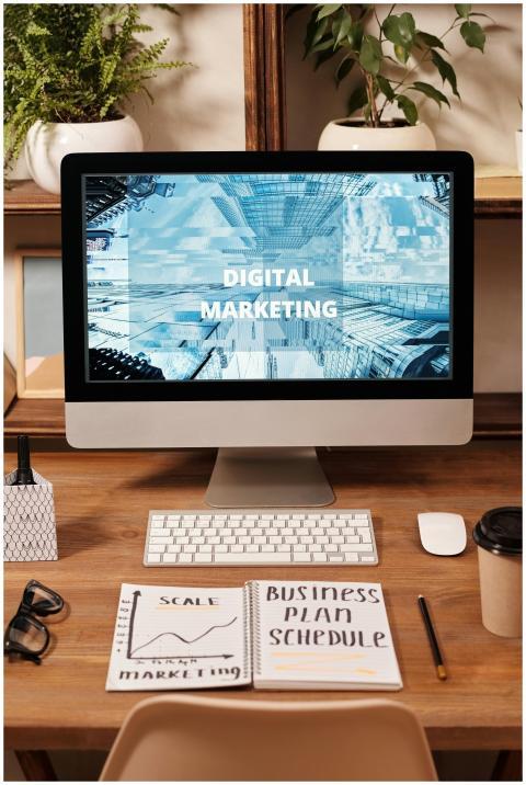 Contemporary office setup featuring digital market