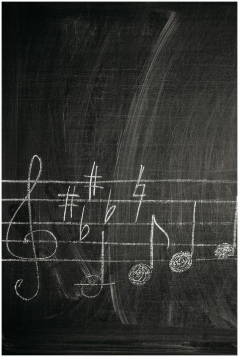 Close-up of chalkboard with music notation, ideal