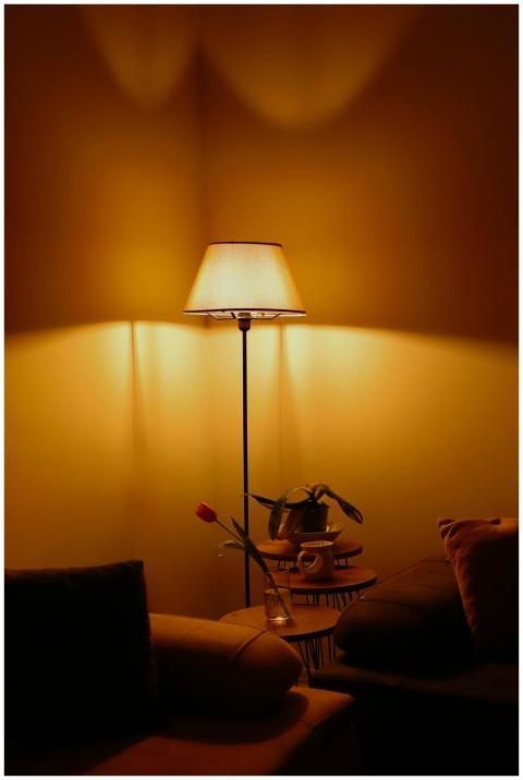 Warm, inviting living room setting with ambient li