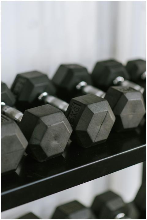 Close-up of hex dumbbells neatly arranged on a rac